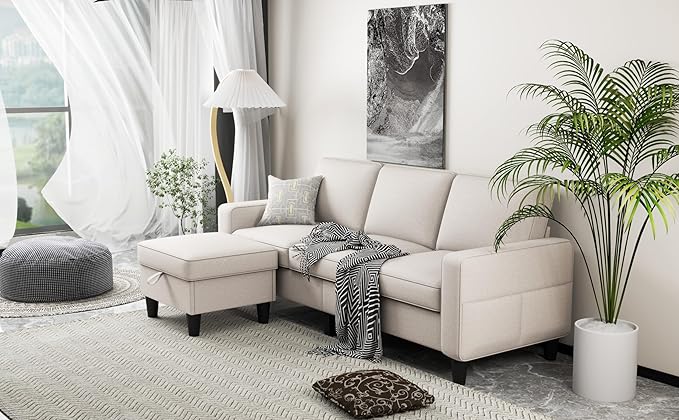 ZeeFu Couch for Living Room - 78'' Beige Linen 3 Seat L-Shaped Sectional Sofa Couches with Storage Ottoman - Modern Small Space Upholstered Furniture Sofa Set for Office Small Space Apartment