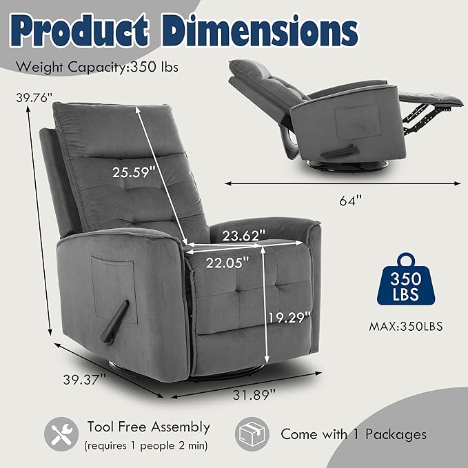 Manual Rocker Recliner Chair Nursery Glider Chair for Adult with High Back&ampDeep Seat Swivel Rocking Recliner Chair for Living Room Bedroom RV Nursing Grey