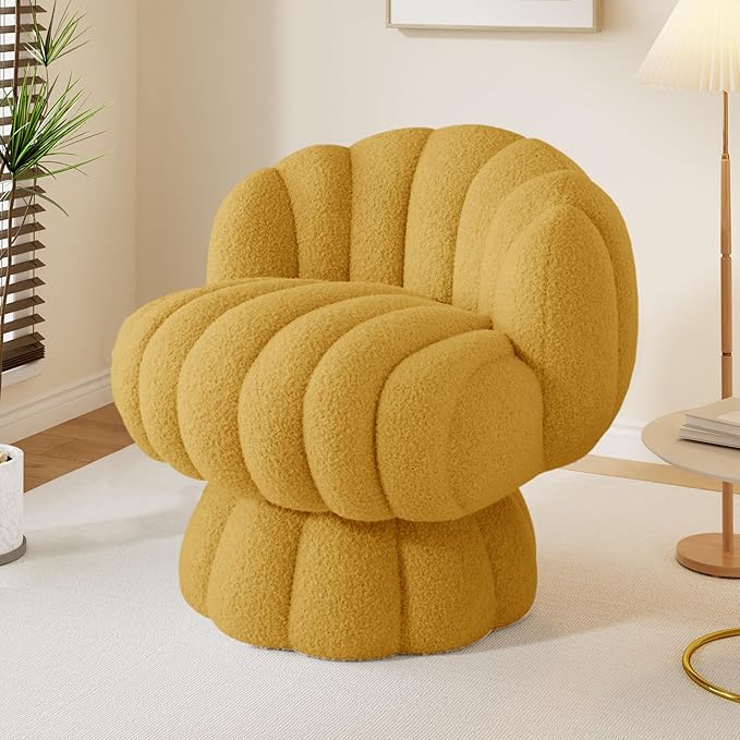 Mid Century Modern 360 Degree Barrel Swivel Accent Vanity ChairFluffy Sherpa Fabric Lounge Wide Upholstered Pumpkin Reading Chair Round Cloud Armchair for Living RoomBedroomVanity(Mustard)