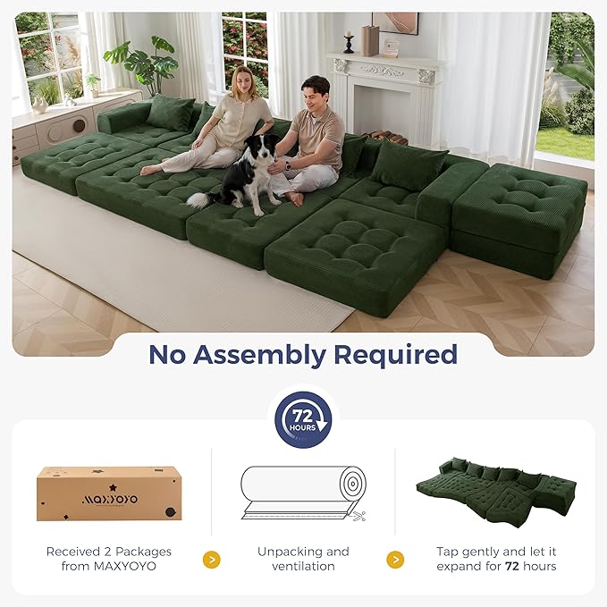 MAXYOYO Modular Sectional Sofa Couch Foldable U Shaped Cloud Couch with Pillows Tufted 6-Seat Boneless Sleeper Lounger Floor Sofa Bed for Living Room No Assembly Required Dark Green