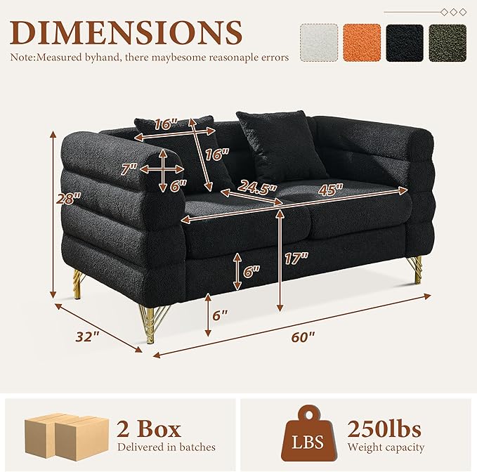 Loveseat Modern Sofa 60 Teddy Boucle Comfy Cloud Couch Upholstered Deep 2 Seater Sherpa Couch Set with Stylish Metal Legs for Living Room Home Office Bedroom Apartment Black