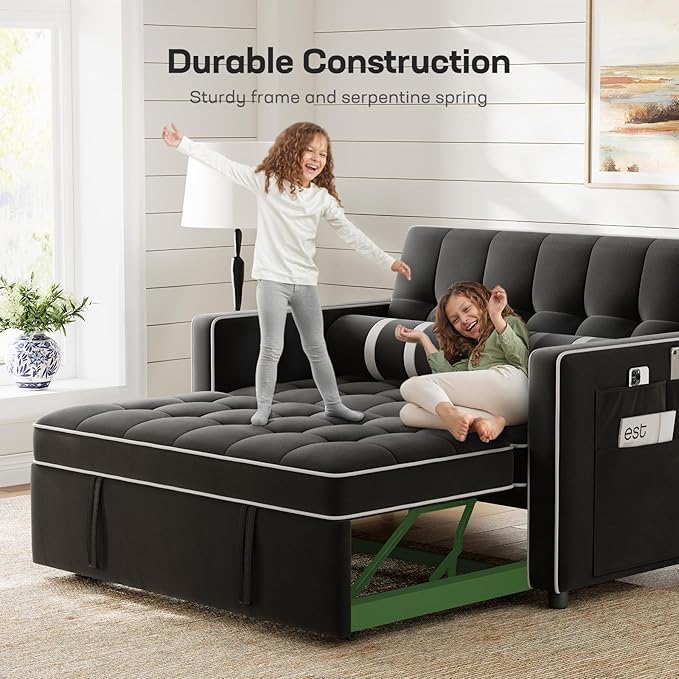 Marsail 3-in-1 Convertible Futon Sleeper Sofa Bed Pull Out Couch with Adjustable Backrest USB Charging &amp Side Pockets Velvet Fabric Sofa for Living Room Apartment Loveseat Black