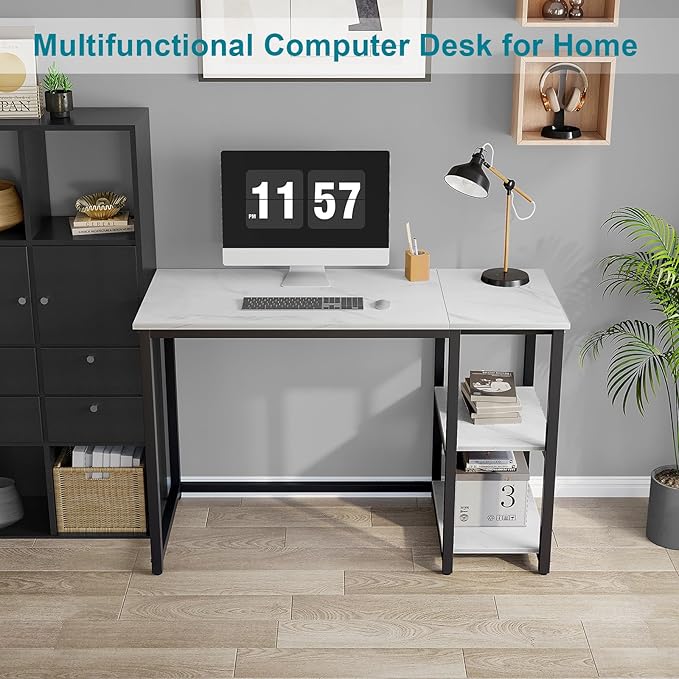 SINPAID Computer Desk 40 inches with 2-Tier Shelves Sturdy Home Office Desks with Large Storage Space Modern Gaming Desk Study Writing Laptop Table Black Marbling (White Marble 40 inch)