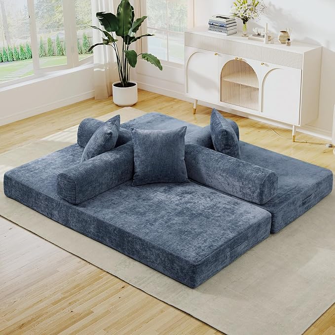 3 in 1 Convertible Futon Sofa Bed Modern King Size Chenille Loveseat Sleeper Sofa Folding 3-Seater Foldable Lounger Couch Bed for Living Room Bedroom Guest Room (Blue 3 Throw Pillows)
