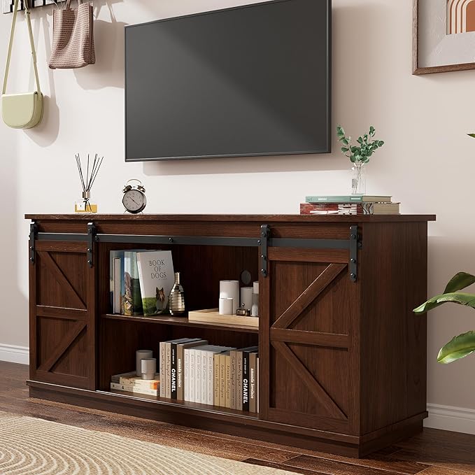 YESHOMY TV Stand for Televisions up to 65 Inches with Sliding Barn Doors and Storage Cabinets Console Table and Media Furniture for Living Room 58 Inch Espresso