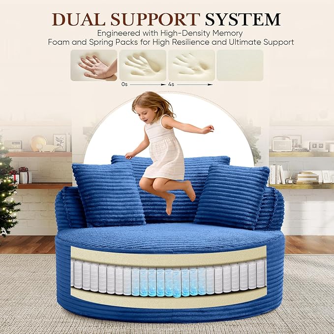 Antetek 53-inch Round Chaise Lounge Chair Indoor Modern Cloud Single Corduroy Couch with 3 Pillows Boneless Compressed Memory Foam Sofa Chair for Living Room Bedroom Apartment Blue