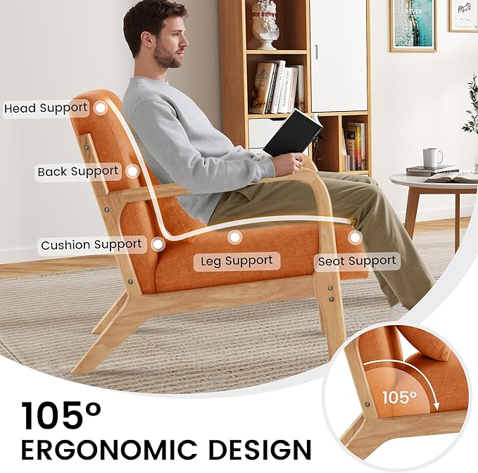Mid Century Modern Accent Chair Set of 2 Upholstered Chair for Living Room Accent Chair with Lumbar Pillow Solid Wood Frame Reading Chair Armchair for Bedroom Small Spaces Orange