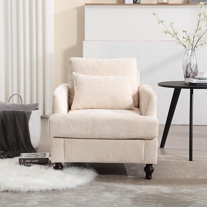 Mid Century Modern Linen Fabric Accent Chair for Living Room Bedroom Guest Room Office Apartment Waiting Room Furniture Upholstered Armchair Reading Accent Chairs (Beige)