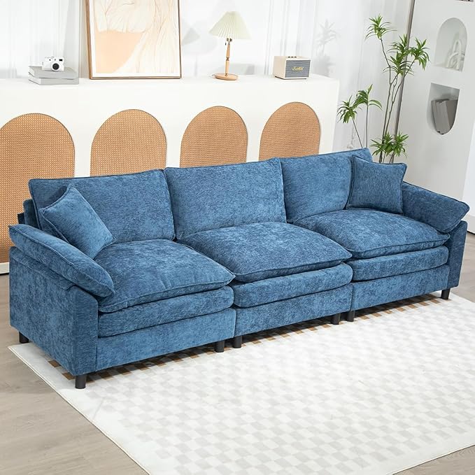 120 Sectional Sofa Chenille Fabric with Pillows and Cushion3 Seat Modern Sofa Couch for Living Room BedroomBlue
