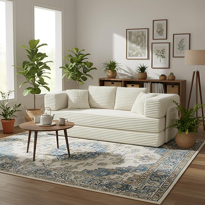 79.5 Folding Convertible Sofa Bed with Side Storage Pockets 4-in-1 Corduroy Boneless Couch No Assembly Loveseat Sleeper Floor Sofa Daybed Futon Couch for Living Room Bedroom Lounge Beige Upgraded
