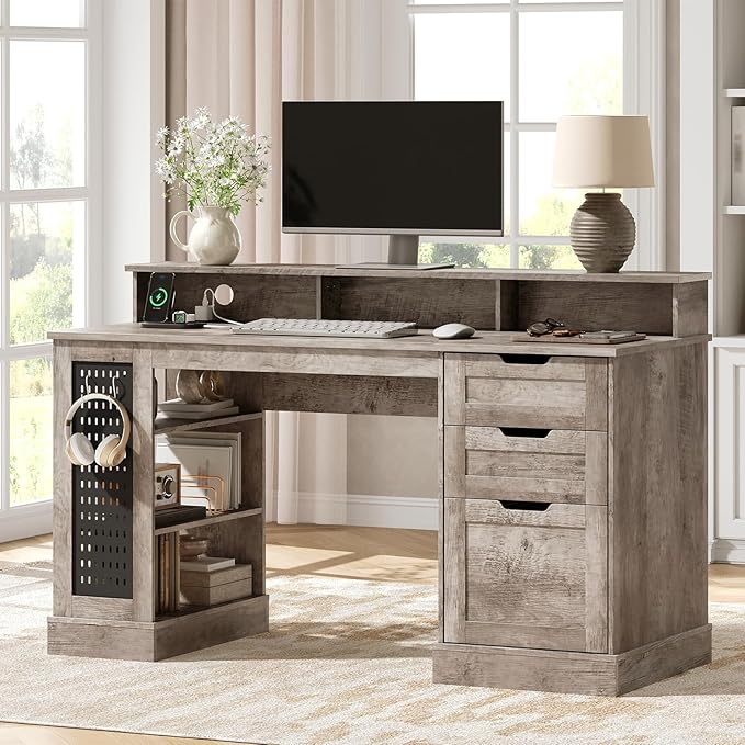 55-Inch Farmhouse Executive Desk with 2 Drawers and File Cabinet Computer Desk with 3-Tier Storage Shelves Home Office Desk with Charging Station Pegboard and Monitor Shelf Gray