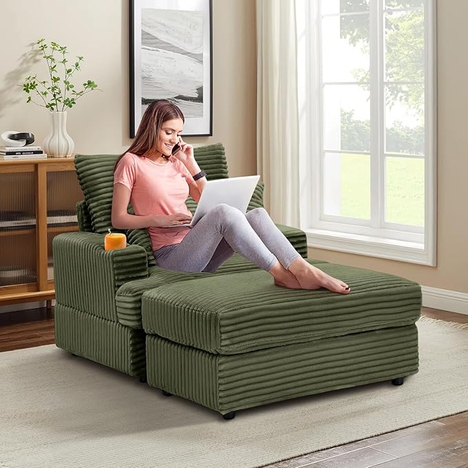 Chaise Lounge Chair Indoor 39 W Plush Corduroy Oversized Chair with Ottoman Upholstered Cozy Chaise with Cup Holder Modern Deep Seat Comfy Sofa Armchair for Living Room Bedroom(Green)