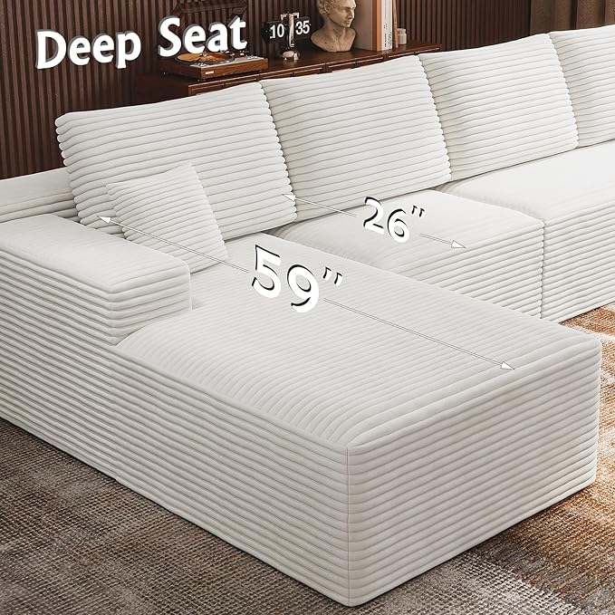 3-Piece Boneless Modular Sectional Sofa Cloud Couch with Left Facing Chaise Oversized Deep Seat Soft Corduroy Fabric Sectional Couch for Living Room-White