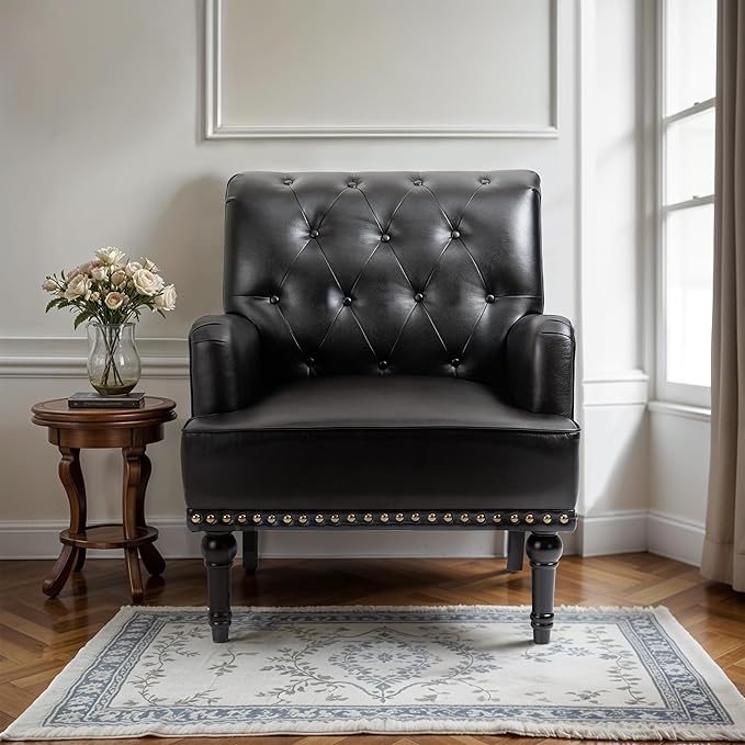 MOJAY Faux Leather Accent Chair Mid-Century Armchair Living Room Sofa Chair with Rubber Wood Leg Club Chair with Rivet Trim for Bedroom Reading Room Reception (Black)