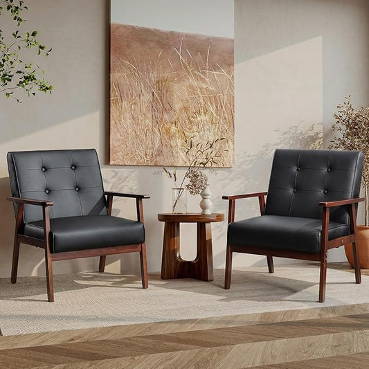 JIASTING Mid-Century Retro Modern Leather Accent Chair Set of 2 Wooden Arm Chair Upholstered Tufted Back Lounge Chairs for Office Living Room