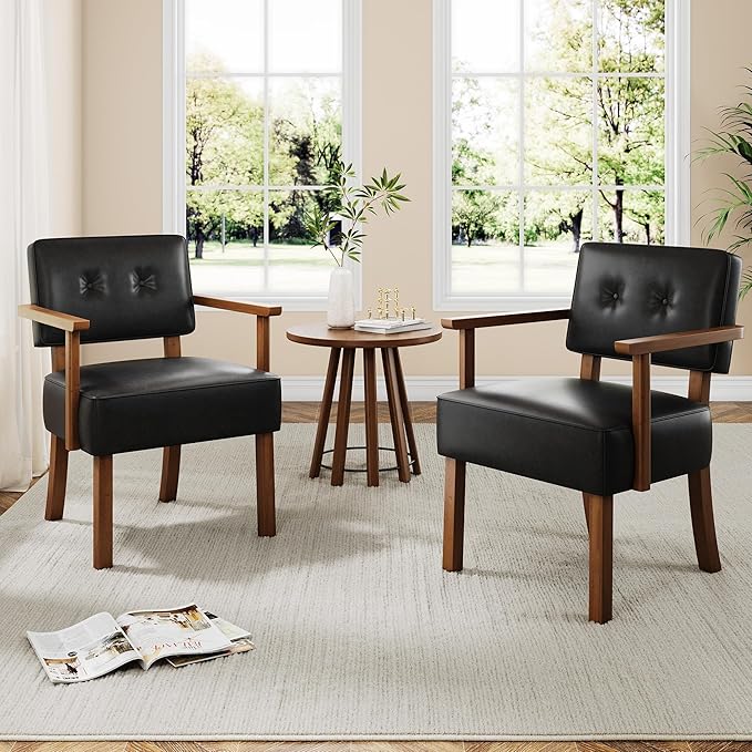 Garvee Mid-Century Accent Chair with Wood Frame. PU Leather Upholstered Lounge Arm Chair with Classic Button Tufting Reading Leisure Chair for Living Room Bedroom Balcony Black