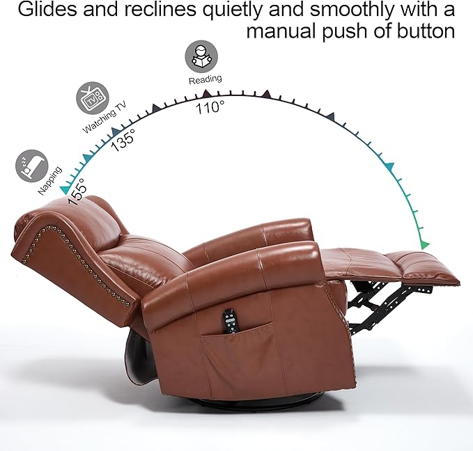 Manual Rocker Swivel Recliner Chair for Adults Vibration Massage Reclining Glider Chair with Lumbar Heat Rivet Design Single Sofa for Living Room Genuine Leather Red Brown