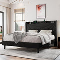 Full Size Upholstered Bed Frame with Charging Station Platform Bed Frame with Storage Headboard Solid Wood Slats Support No Box Spring NeededBlack