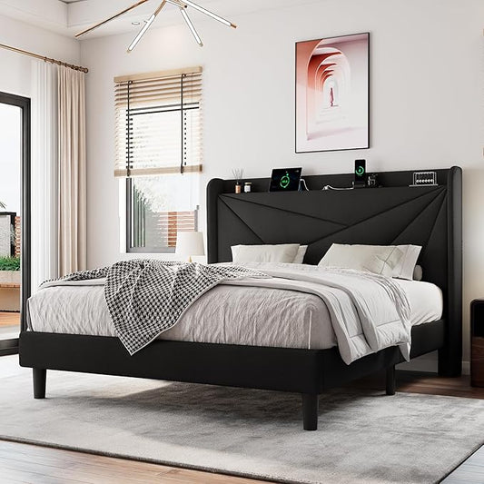 Full Size Upholstered Bed Frame with Charging Station Platform Bed Frame with Storage Headboard Solid Wood Slats Support No Box Spring NeededBlack