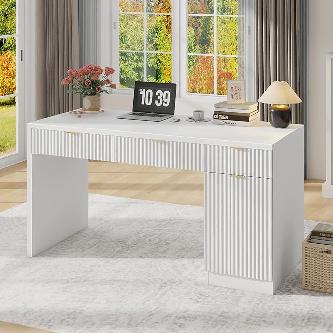 60 Executive Desk with Fluted Drawers Wood Home Office Desk with Storage Cabinet Fluted Reversible Computer Writing Desk for Study Living RoomWhite