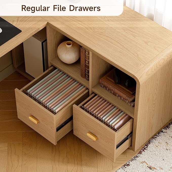 ONBRILL 58 Executive L Shaped Desk Home Office Desk with File Drawers Computer Desk with Power Outlets and Storage Shelves Corner Computer for Home Office (Natural Oak)