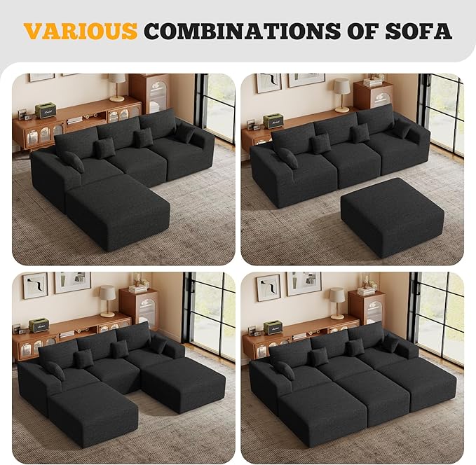 113 Modular Sectional Sofa Convertible L-Shaped Cloud Couches for Living Room with Ottoman 4 Seater Chenille Boneless Couch Sofa Set No Assembly Required Black 1 PCS