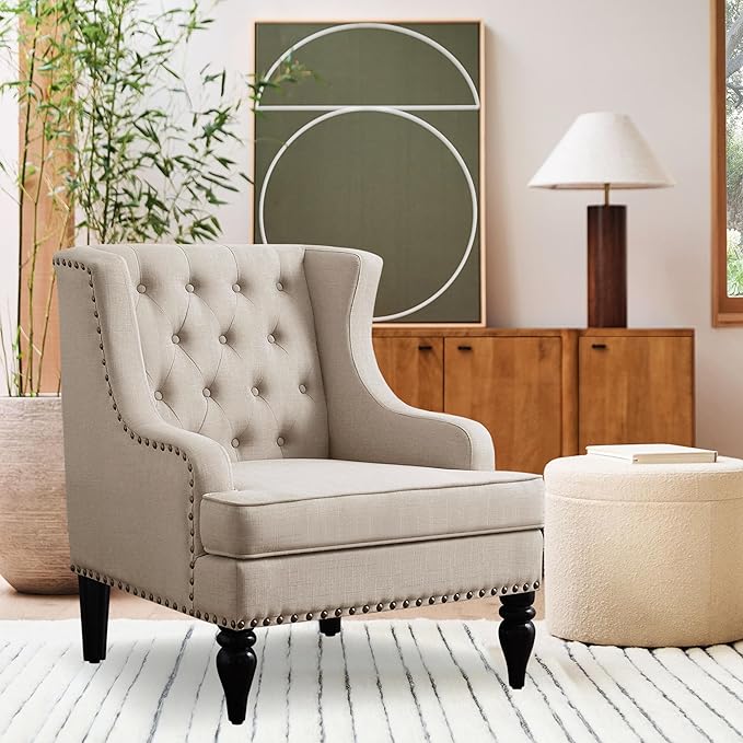 Rosevera Amelia 29 Modern Upholstered Accent Chair Armchair with Wingback Accent Leisure Chair Fabric Reading Living Room Single Sofa for Living Room Bedroom Balcony StudioTextile Beige