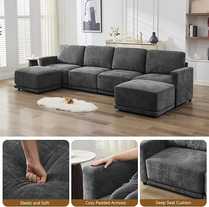 143.8 Modular Sectional Sofa Modern Chenille U Shaped Couch with Thickened Seat Cushions Easy Assembly Upholstered 6 Seater Couch with 2 Movable Ottomans for Living Room Grey