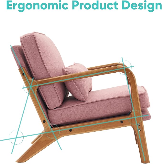 JOYBASE Lounge Accent Chair Mid Century Modern Chair Arm Chair Wood Frame Armchair for Living Room Bedroom (Pink Fabric)