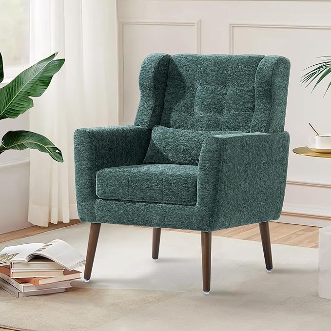 Modern Accent Chair Upholstered Arm Chair with Waist Pillow Single Sofa Chair for Living Room Bedroom Small Spaces (Green)