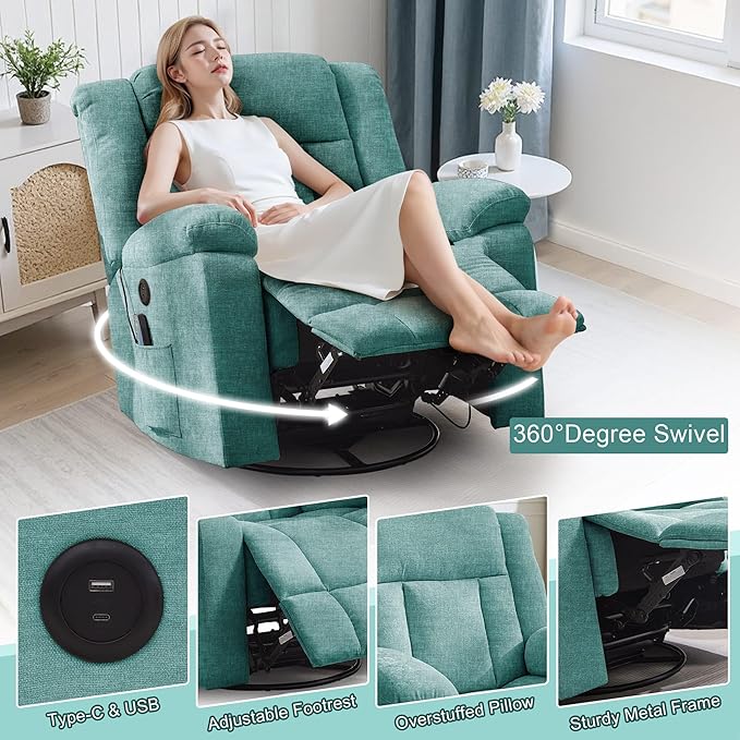 Rocker Recliner Glider Recliner Chairs for Adults 360° Swivel Rocking Chair with Massage and Heating Nursery Chair with Storage and USB Charging for Living Room Bedroom Nursery