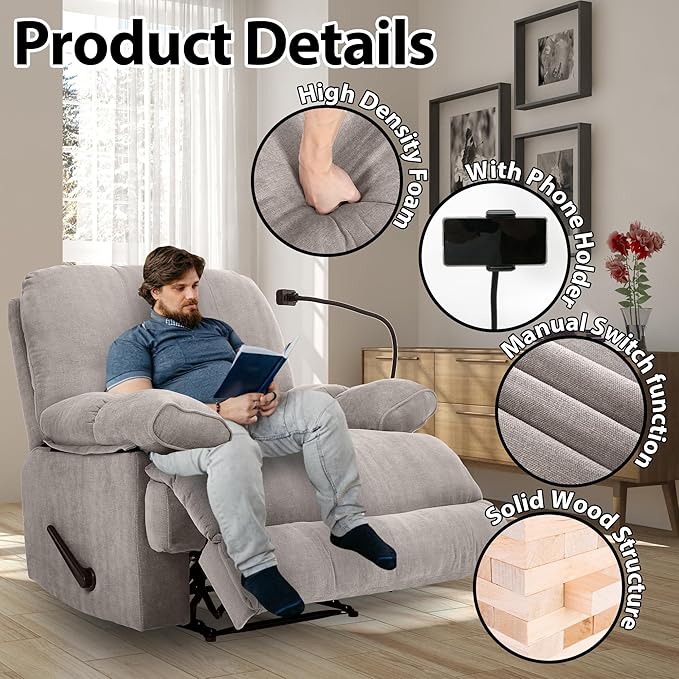 Oversized Recliner Chairs with Phone Holder Large Recliner Soft Fabric Overstuffed Big Man Recliner for Heavy Duty Adults for Living Room Bedroom Nursery RV Brown