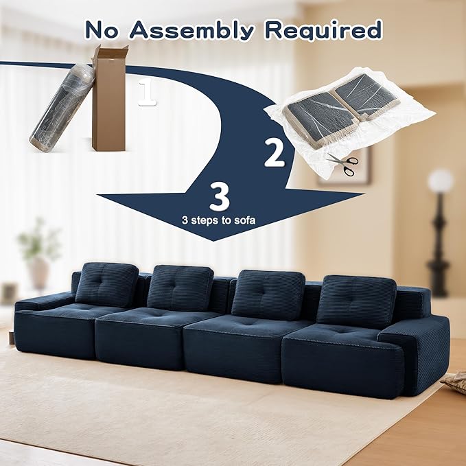 Casaphoria 150'' Blue Corduroy Cloud Couch 4-Seater Boneless Sectional Sofa with 4 Pillows for Living Room Deep Seat Sofa No Assembly Required