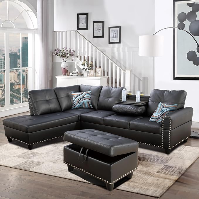 EMKK L Shaped Sofa with Ottoman Modern Nail-Head Design PU Leather Sectional Couches with Chaise Cup Holder for Living Room Bedroom Office