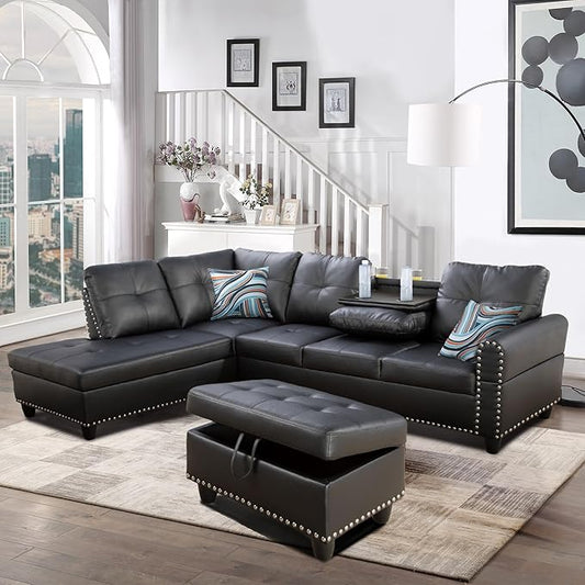 EMKK L Shaped Sofa with Ottoman Modern Nail-Head Design PU Leather Sectional Couches with Chaise Cup Holder for Living Room Bedroom Office
