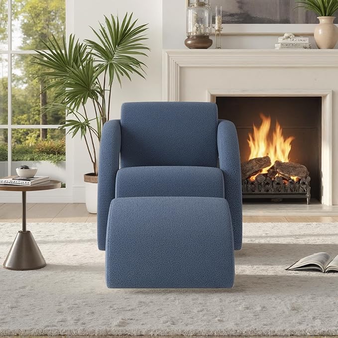 Soohow Upholstered Armchair with Ottoman – Plush Bouclé Fabric Curved Seat &amp Sled-Base Lounge Chair for Living Room Bedroom Study
