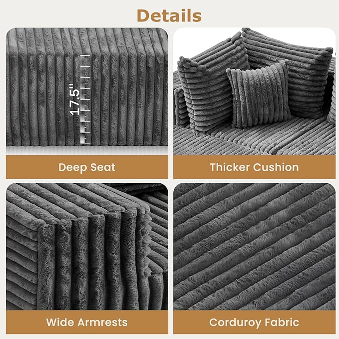 104 Grey Boneless Couches for Living Room Modular Sectional Sofa with Deep Seat Comfy Plush Cloud Couch with U-Shaped Chaise Corduroy Compressed Foam Sofa for Bedroom Living Room