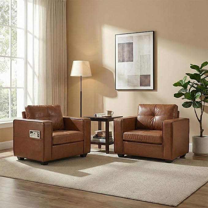 TYBOATLE Brown Faux Leather Accent Chairs Set of 2 Comfy Living Room Chair Reading Oversized Accent Chairs Tufted Mid Century Modern Arm Chair Wider Armchair for Office Bedroom Lobby
