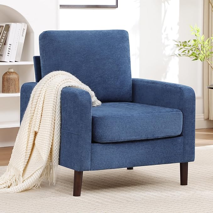 Accent Chair for Living Room Modern Reading Chair for Bedroom Upholstered Armchair with Wood Legs and Side Pockets Single Sofa Side Chair for Office Small Room Apartment Blue Black