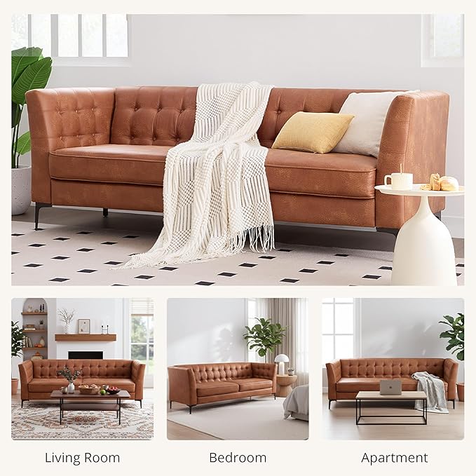 85'' W Faux Leather Sofa with Button Tufted 3 Seater Sofa with Metal Legs and Deep Seats Mid Century Modern Leather Couch for Living Room Bedroom Apartment Camel