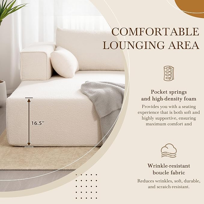112 Modular Sectional Cloud Couch with Left Facing ChaiseBoneless Compressed Sofa Couch SectionalBoucle FabricIncludes Side Table and PillowsNo Assembly NeededWhite