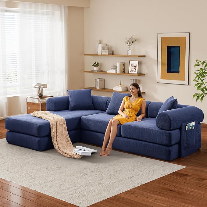 L Shaped Convertible Modular Boneless Sofa Bed with Cylindrical Pillow Corduroy Folding Floor Sofa Couch Bed with Fixed-Shape Frame &amp Storage Pocket for Living Room Blue