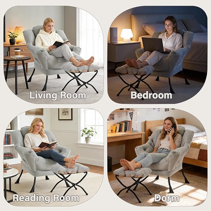 Lazy Chair with Folding Ottoman Modern Accent Lounge Armchair with Armrests and a Side Pocket &amp Foldable Footstool Leisure Reading Chair for Living Room Bedroom Dorm &amp Office Light Grey