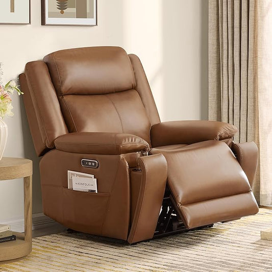 CHITA Power Genuine Leather Recliner Chair for Adults Dual Motor Zero Wall Hugger Recliner with Adjustable Headrest for Modern Living Room USB &amp Type-C Charging Ports Saddle