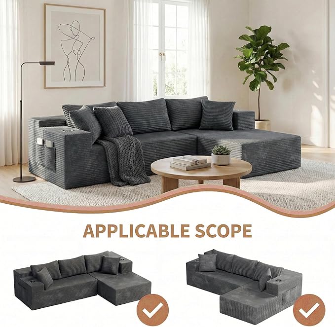 Realbear 108 Cloud Sectional Couch Sofa with L-Shape Chaise Modular Sectional Couch with Deep Seat for Living Room Bedroom No Assembly Required (Gray 108 Right Facing Chaise)