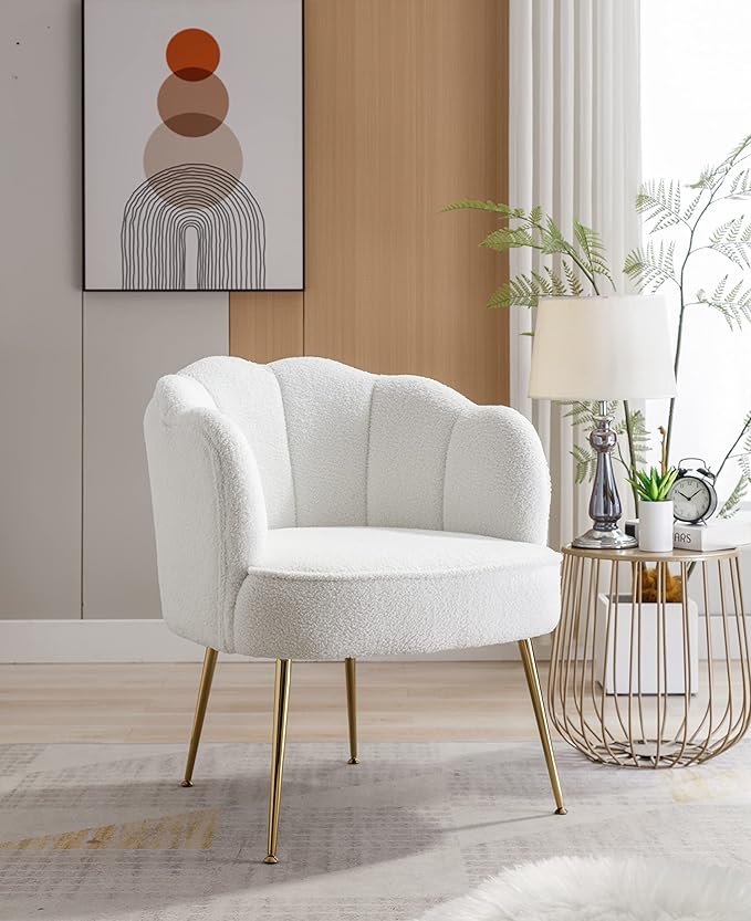 Shell Shape Teddy Fabric Armchair Accent Chair with Gold Legs for Living Room BedroomCreme White