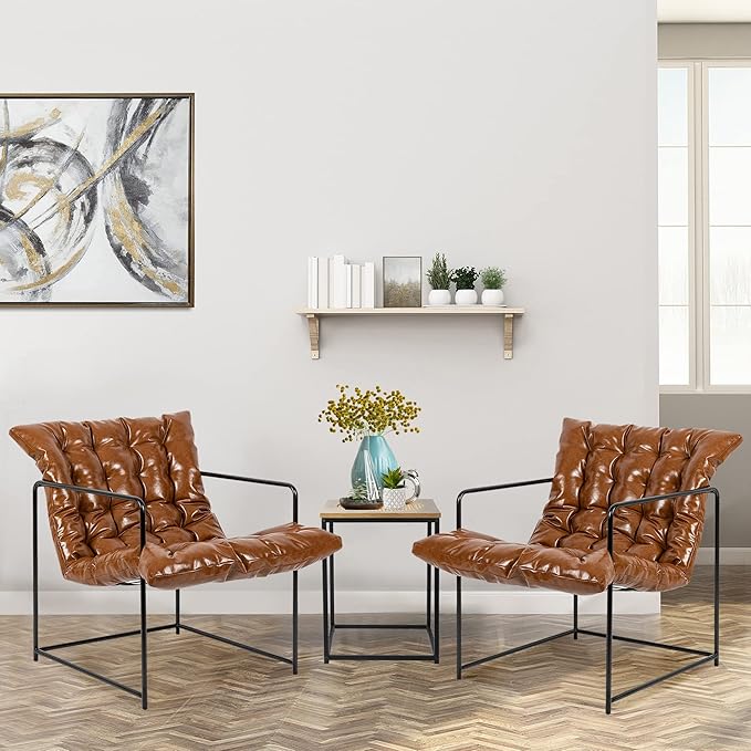GIA Mid Century Modern Sling Accent Chair for Living Room Bedroom and Office Set of 2 Upholstered in Brown PU Leather with Black Metal Base