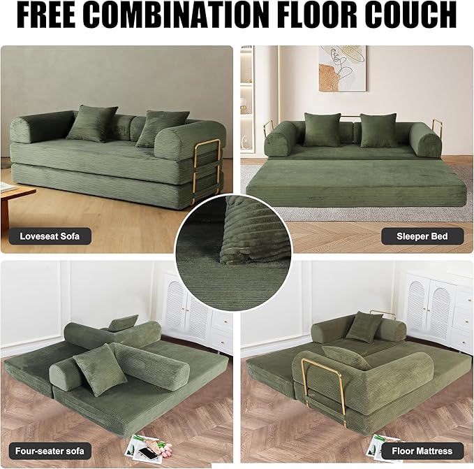 Foldable Sofa Bed 75 Inch Boneless Couch Convertible Memory Foam Sleeper Sofabed Floor Mattress with 2 Pillows Microfiber Cloud Sofa for Living Room Apartment No Assembly (Green)