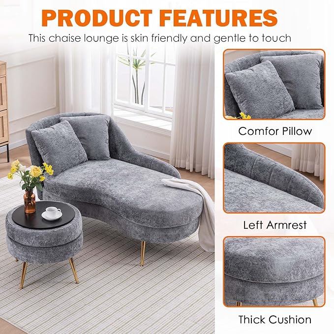 Chaise Lounge Chair Indoor Chenille Upholstered Chair with Left Armrest &amp Pillow Modern Lounge Chairs Sofa with Footstool for Living Room Bedroom Office (Grey)