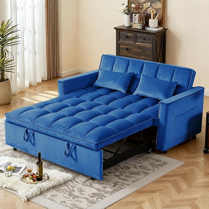 Convertible Sofa Bed Pull Out Couch with Side Pockets 3 in 1 Velvet Fabric Loveseat Sleeper Sofa Bed Pull Out Couch with Adjustable Backrest for Living Room Bedroom Apartment Blue